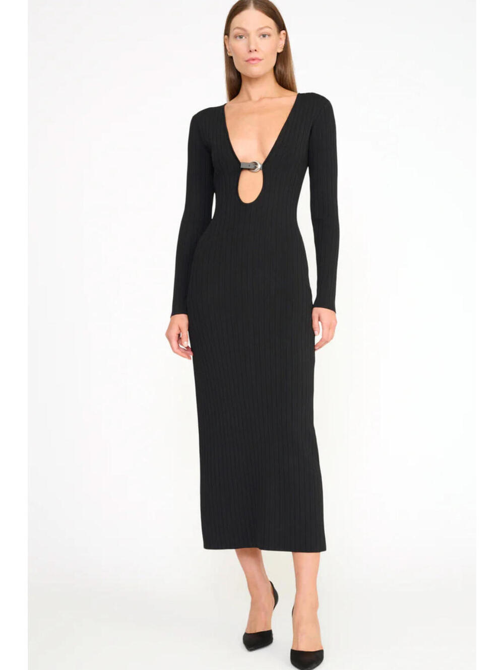 NWT STAUD Murphy L/S Cut Out Buckle Ribbed Knit Cocktail Dress Designer Large